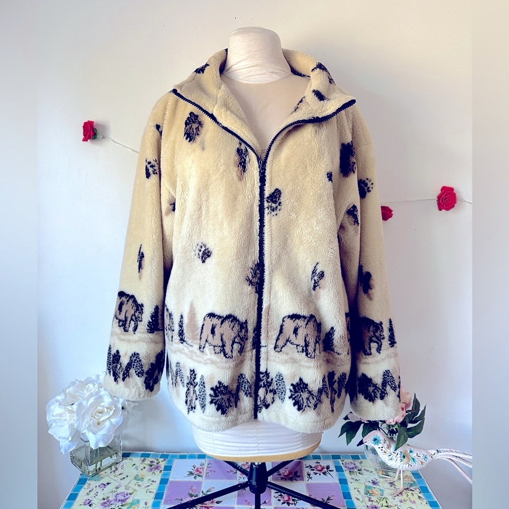 Sweet Vintage Glacier Gear Bear Paw Cream Black Teddy Jacket Coat L XL - Picture 2 of 6